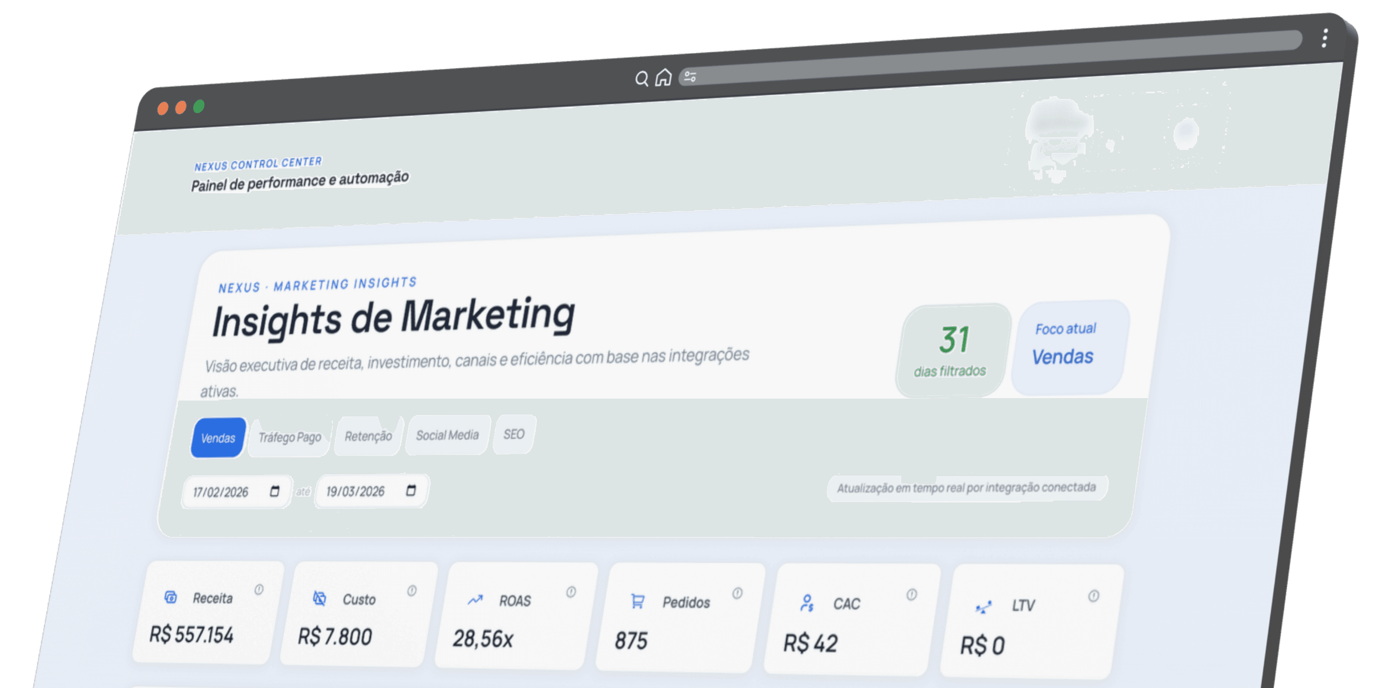Painel e insights da plataforma SaaS Adsnexus para marketing digital